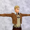 Game and Movie Character With Blonde Hair Brown Leather Jacket Light Shirt Suspenders Arms Outstretched
