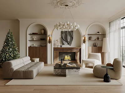 Cozy Living Room Interior Design With Christmas Tree Fireplace And Chandelier 3d model