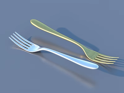 Stylish Silver and Gold Fork Set with Modern Design on Blue Background 3d model