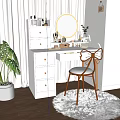 White Vanity Table With Round Mirror Drawers Cosmetics Green Plant And Golden Chair