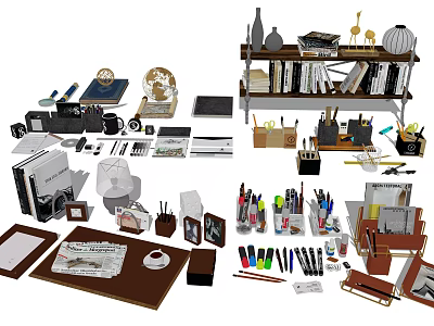 Various Office Stationery Supplies With Notebooks Pens Globe Bookshelf And Calculator 3d model