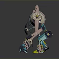Robot Character Featuring Mechanical Design With Pink Blue Yellow Components And Articulated Limbs