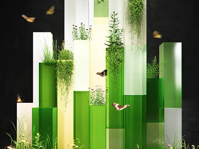 Modern Botanical Art Installation With Green And White Vertical Columns And Butterflies 3d model