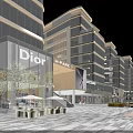 Vibrant Commercial Street With Modern Glass Buildings Brand Stores Pedestrians And Outdoor Dining Areas