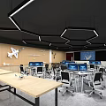 Modern Public Office Space Interior With Computers Desks Chairs And Geometric Ceiling Lighting 3d model