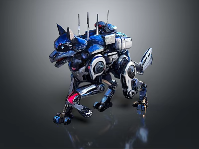 Blue And Silver Robotic Dog With Antennas And Mechanical Legs Structure 3d model
