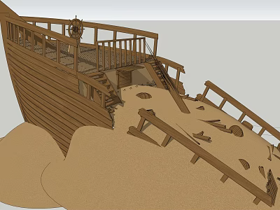 Wooden Boat Stranded on Sandy Beach with Broken Railings and Deck Structure 3d model