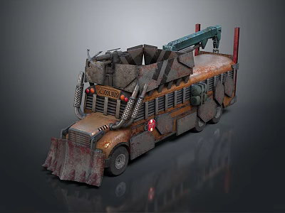 Apocalyptic Modified School Bus With Snow Plow Crane Rusty Metal Texture And Mechanical Details 3d model