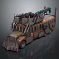 Apocalyptic Modified School Bus With Snow Plow Crane Rusty Metal Texture And Mechanical Details