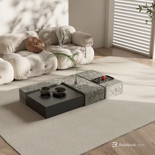 Modern Living Room With Stone Coffee Table Tea Cups Small Plant And Beige Sofa 3d model 