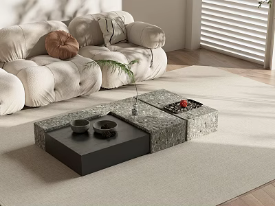 Modern Living Room With Stone Coffee Table Tea Cups Small Plant And Beige Sofa 3d model