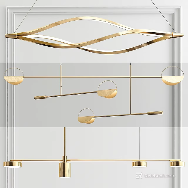 Stylish Golden Modern Chandelier with Curved Lines and Circular Shades Design 3d model 