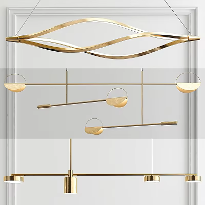 Stylish Golden Modern Chandelier with Curved Lines and Circular Shades Design 3d model