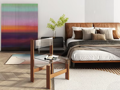 Stylish Accent Chair With Wooden Frame And Transparent Seat In Bedroom With Artwork And Green Plant 3d model