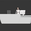 Sleek Modern Reception Desk Design With Office Chair Computer Monitor And Professional Staff