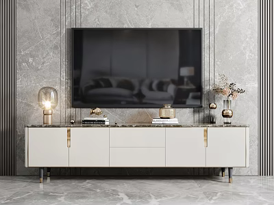 Modern Luxury TV Stand with Marble Countertop Gold Handles Table Lamp Vase and Books 3d model