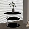 Modern Bedside Table With Black Top Transparent Glass Shelves Metal Frame Vase Plants Window Blinds