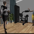 Indoor Sports Equipment Being Demonstrated By Two Women With Wooden Floor And Plants