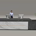 Modern Front Desk Reception With Marble Countertop Computer Monitors Professional Woman And Potted Plant