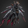 Game Movie Character With Mechanical Winged Metallic Armor And Red Glowing Accents