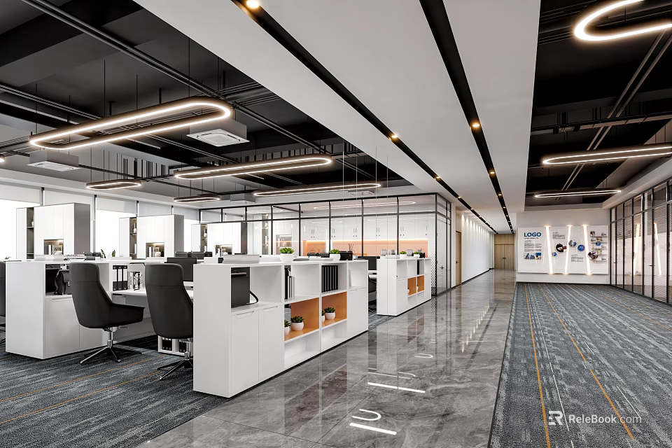 Modern Open Public Office Space Interior With Workstations Glass Walls And Pendant Lights 3d model 