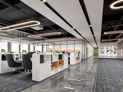 Modern Open Public Office Space Interior With Workstations Glass Walls And Pendant Lights 3d model