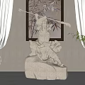 Stone Warrior Sculpture Holding Spear On Stone Base In Interior With Curtains Painting And Plant