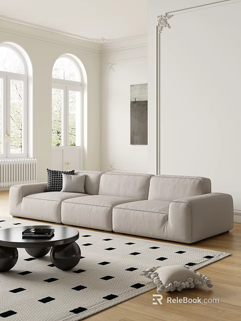 Light Sectional Sofa In Living Room With Large Windows Black White Rug And Wall Art 3d model 
