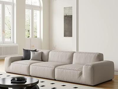 Light Sectional Sofa In Living Room With Large Windows Black White Rug And Wall Art 3d model