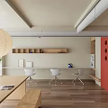 Modern Public Office Space Interior With Long Desk White Chairs Hanging Lamp And Wooden Shelves