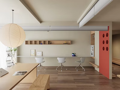 Modern Public Office Space Interior With Long Desk White Chairs Hanging Lamp And Wooden Shelves 3d model