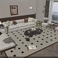 Elegant White Sofa And Coffee Table Set With Checkered Rug Floor Lamp And View Window 3d model