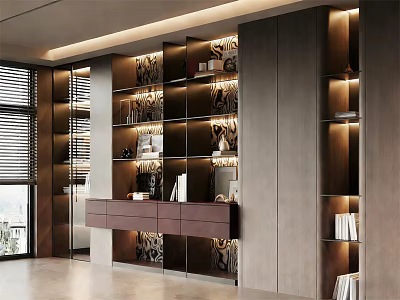 Modern Built in Bookcase Design With Shelves Lighting And Decorative Items 3d model