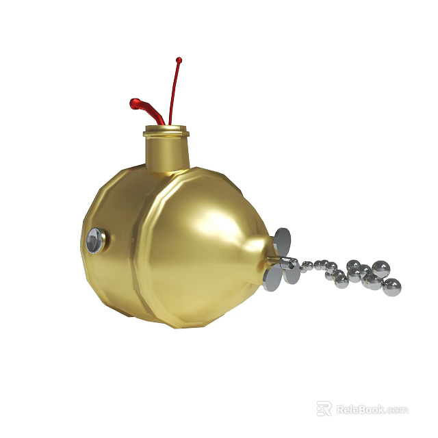 Golden Bomb Shaped Object With Red Fuse And Silver Chain Spheres 3d model 
