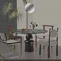 Round Marble Modern Dining Table And Chairs With Metal Wooden Frames Potted Plants Hanging Light