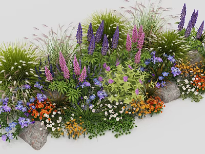 Vibrant Mixed Plant Combination With Purple Pink Orange Flowers Green Grass And Stones 3d model