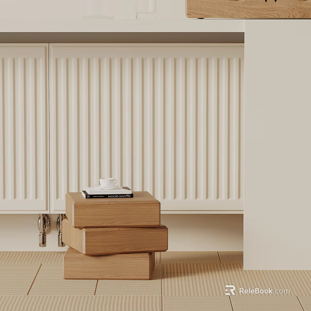 Light Wooden Stacked Side Table with Books and Cup on Light Striped Wall Background 3d model 