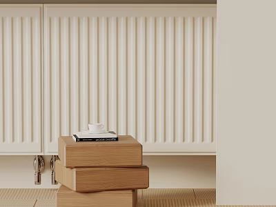 Light Wooden Stacked Side Table with Books and Cup on Light Striped Wall Background 3d model