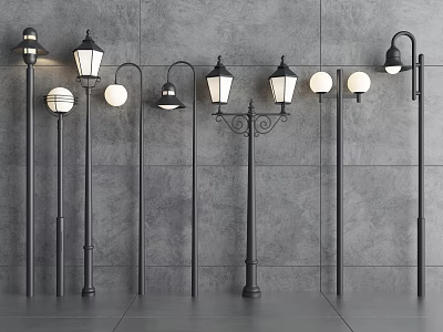 Various Styles of Outdoor Lights with Black Poles Lantern Shades and Globe Designs 3d model