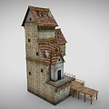 Tall Irregular Multi Level Building With Stone Walls Wooden Platforms And Tiled Roofs