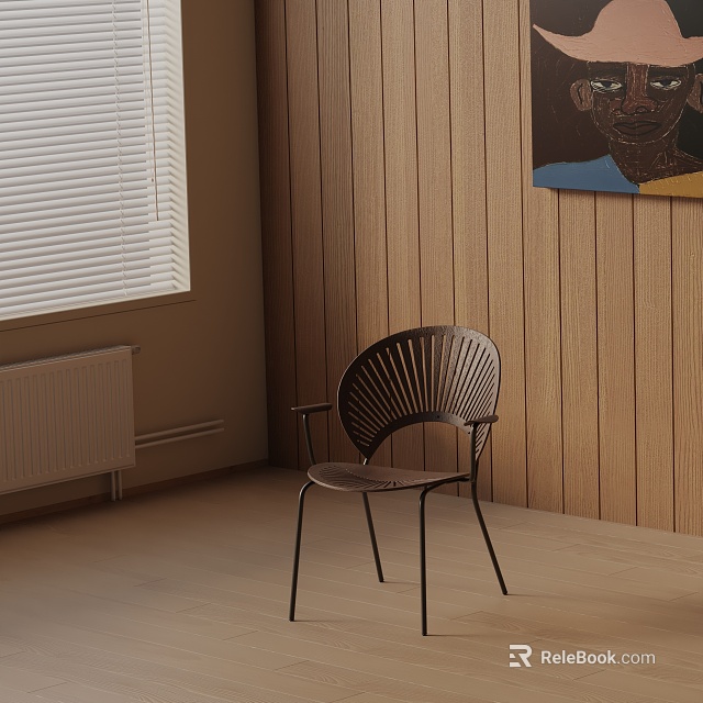 Modern Wooden Dining Chair In Room With Wooden Wall Panels Window Blinds And Artwork 3d model 