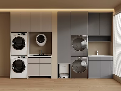 Modern Laundry Room Interior Design With Washing Machines Dryers And Cabinets 3d model