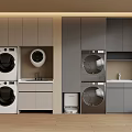 Modern Laundry Room Interior Design With Washing Machines Dryers And Cabinets