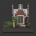 Cartoon Scene With Miniature Red Brick House Spires Green Plants And Garden Path