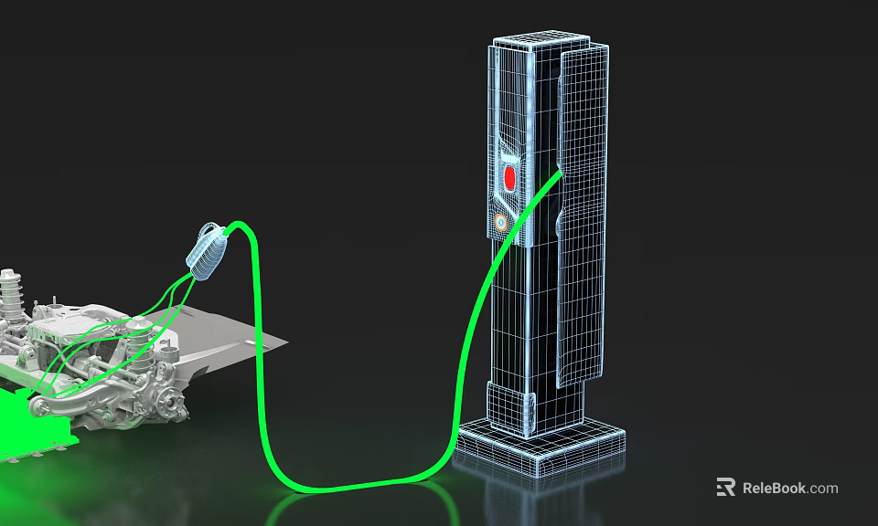 3D Model of Electric Vehicle Charging Station With Green Cable Connected to Car 3d model 