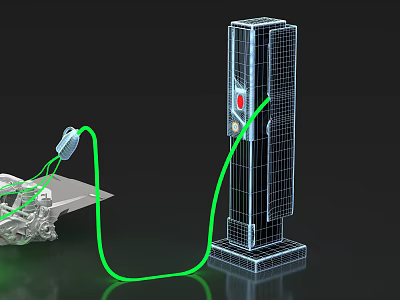 3D Model of Electric Vehicle Charging Station With Green Cable Connected to Car 3d model