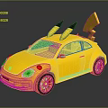 Yellow Pikachu Inspired Beetle Style Car With Decorative Ears And Tail 3d model