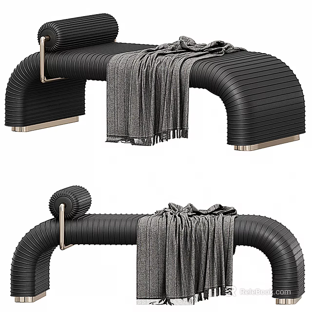 Black Modern Ottoman With Gray Blanket And Metallic Accents For Living Room 3d model 