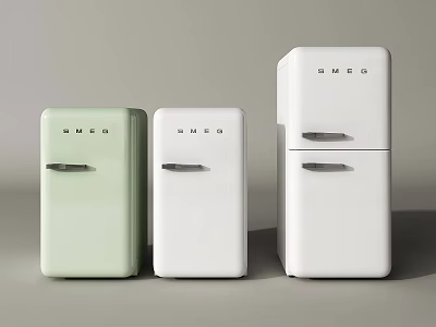 Three SMEO Vintage Style Refrigerators in Pastel Green and White Displayed Side by Side 3d model