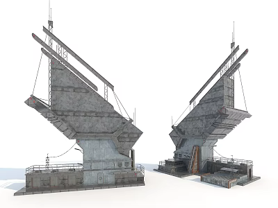 Cartoon Scene Featuring Gray Toned Mechanical Structures With Metal Concrete Texture Antennas And Platforms 3d model